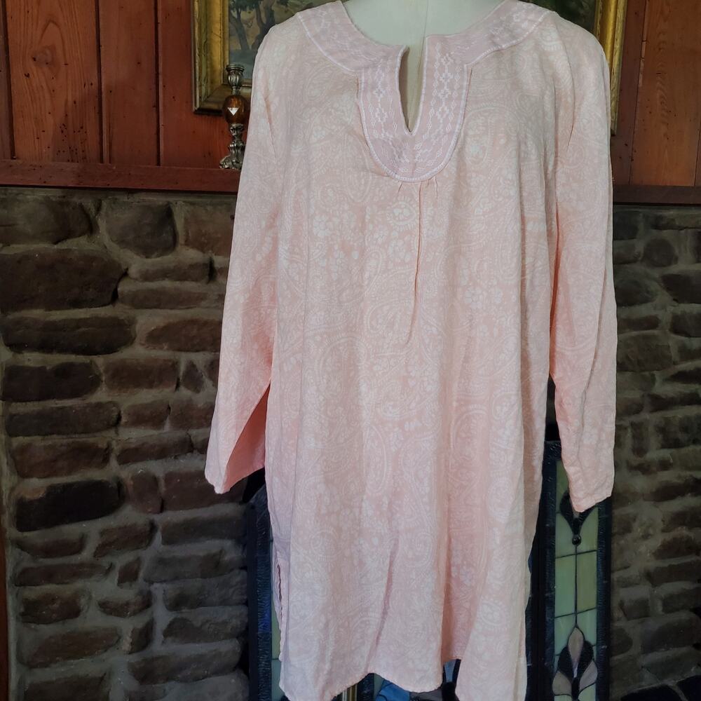 Willi Smith Woman Paisley Kaftan Tunic BOHO Top Plus 1X Peach Pink Linen